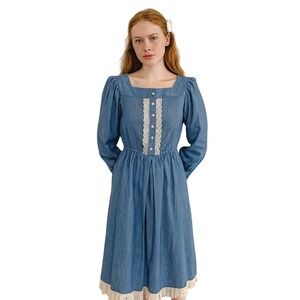 SEARS VINTAGE Prairie Denim Dress with Lace Trim and Puff Sleeves size 11/12